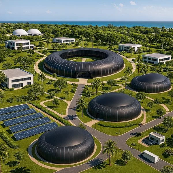 Computerdarstellung des neuen Life Economy Gebäudekomplexes in Barbados, der sich noch in der Bauphase befindet. Dort wird BioMed X als einer der ersten Mieter einziehen. Grafik: BioMed X